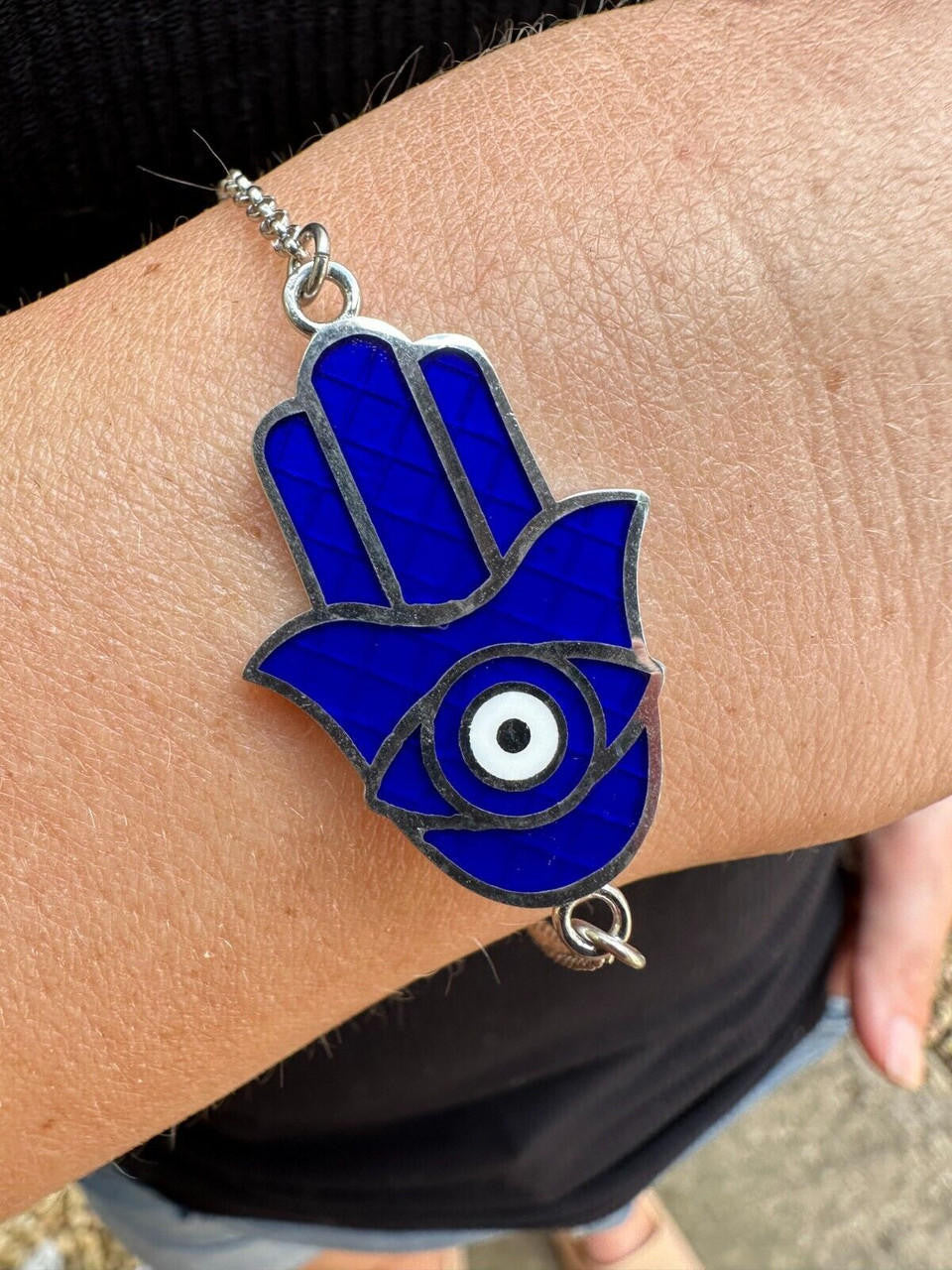 Hamsa Hand Bracelet Solid Real  925 Silver Blue Enamel Evil Eye Charm Adjustable