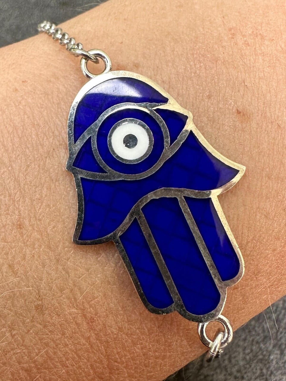 Hamsa Hand Bracelet Solid Real  925 Silver Blue Enamel Evil Eye Charm Adjustable