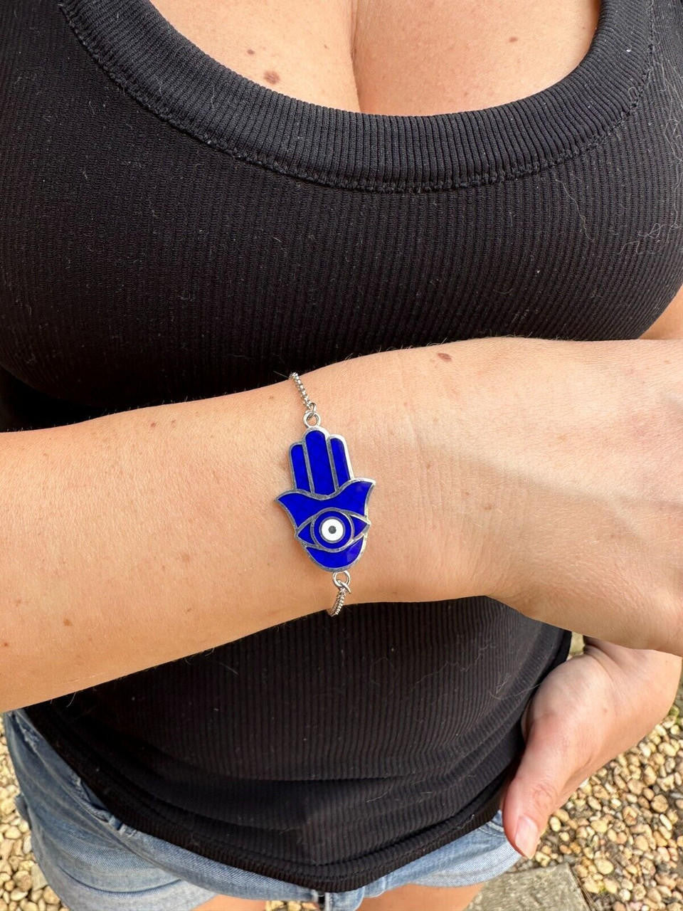 Hamsa Hand Bracelet Solid Real  925 Silver Blue Enamel Evil Eye Charm Adjustable