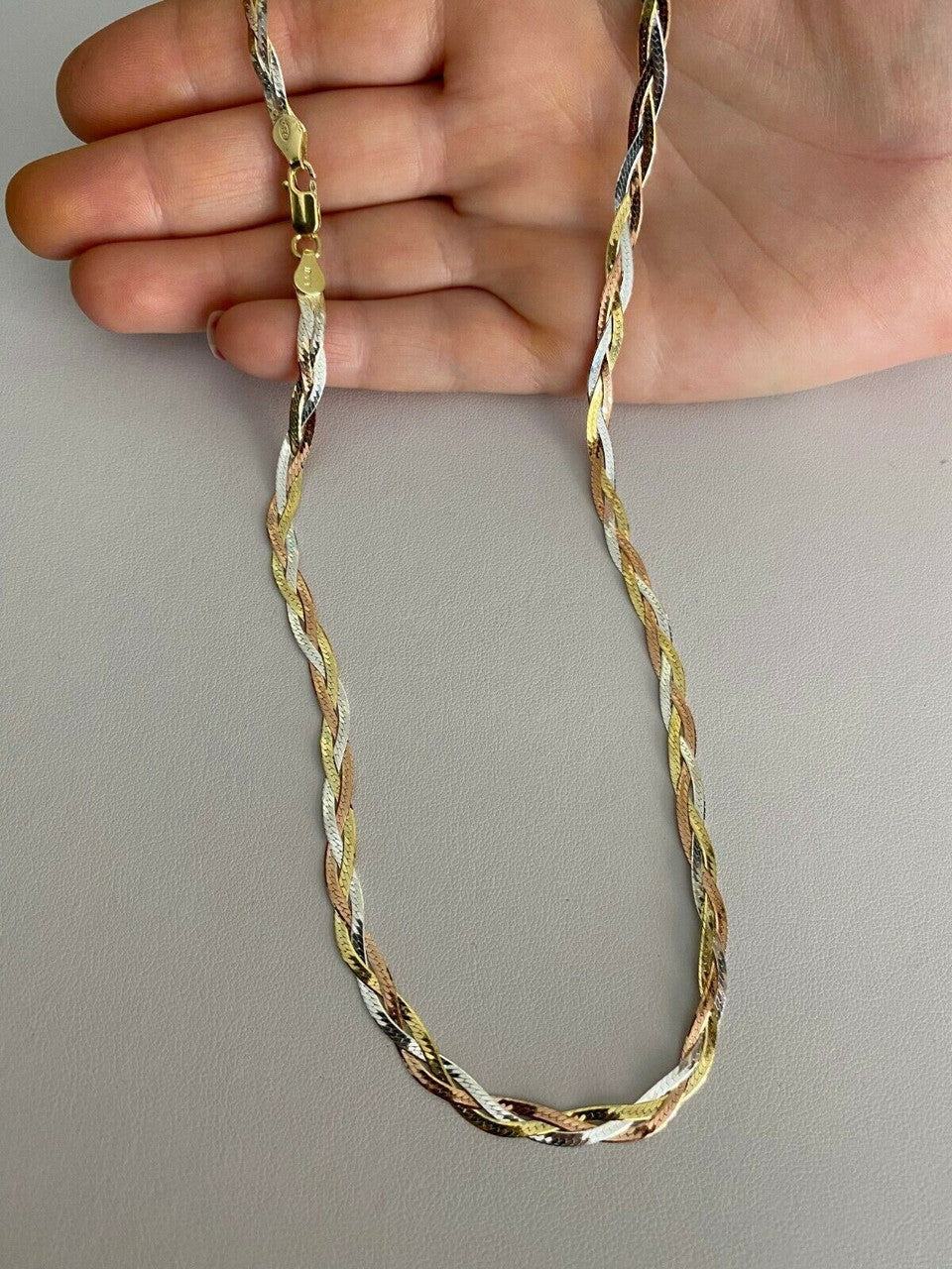 Handmade 925 Silver Tri Color Yellow Rose Gold Twisted and Braided Herringbone Chain Necklace