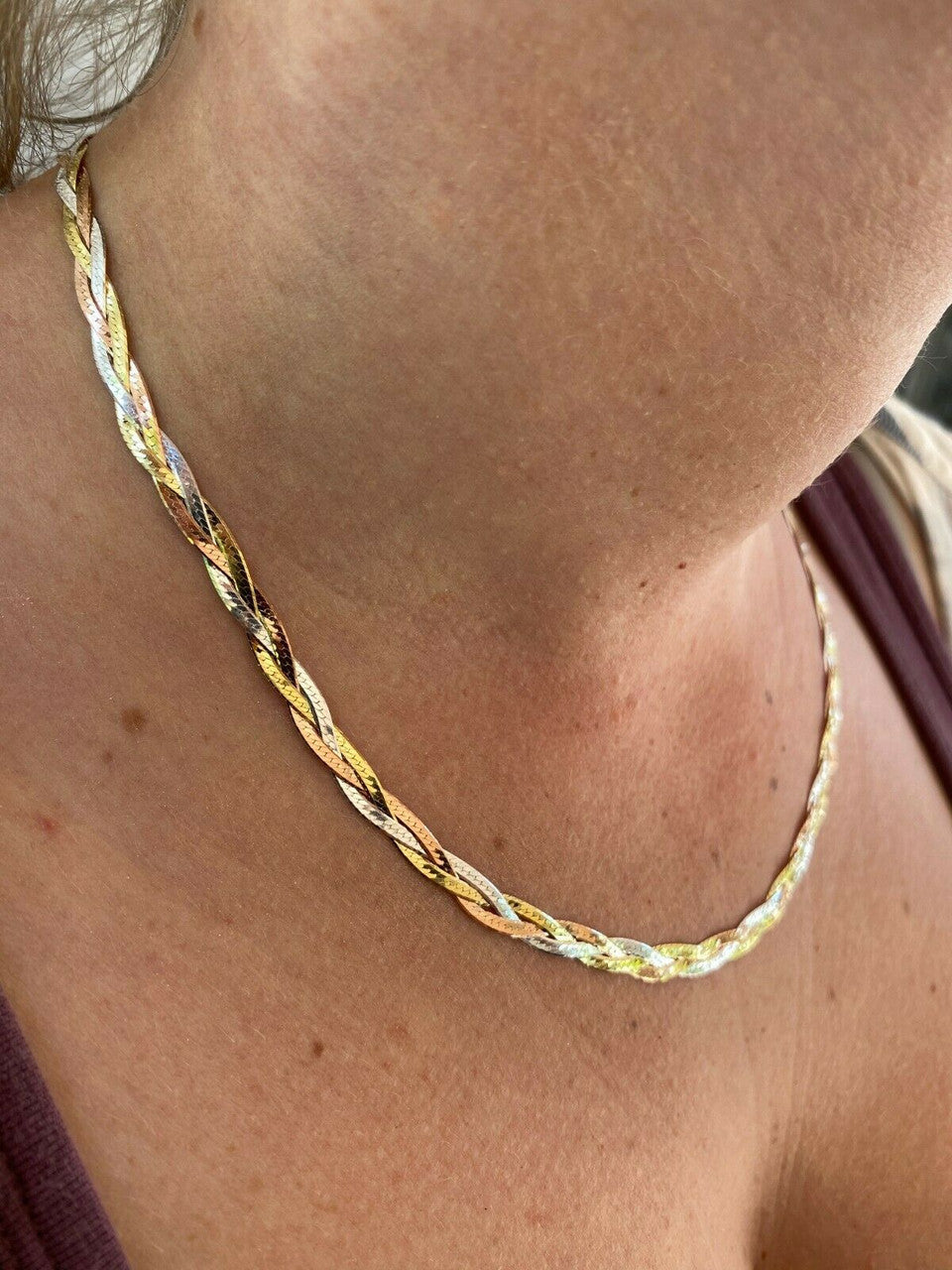 Handmade 925 Silver Tri Color Yellow Rose Gold Twisted and Braided Herringbone Chain Necklace