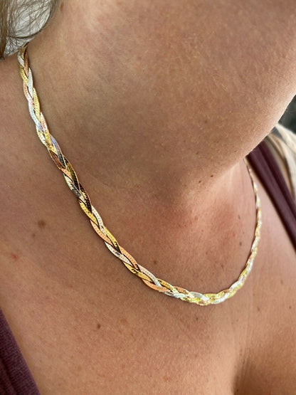 Handmade 925 Silver Tri Color Yellow Rose Gold Twisted and Braided Herringbone Chain Necklace