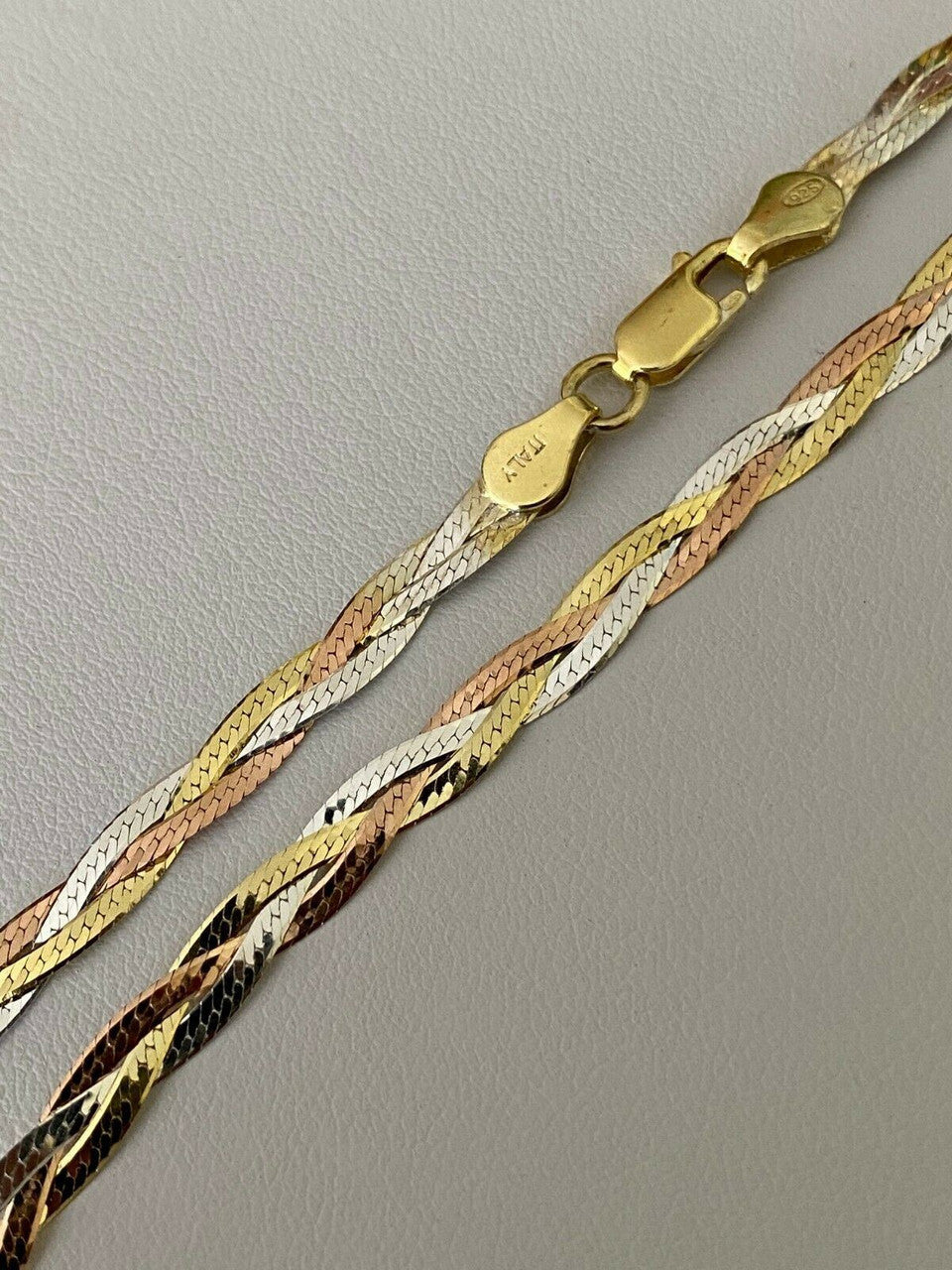 Handmade 925 Silver Tri Color Yellow Rose Gold Twisted and Braided Herringbone Chain Necklace