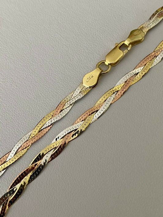 Handmade 925 Silver Tri Color Yellow Rose Gold Twisted and Braided Herringbone Chain Necklace
