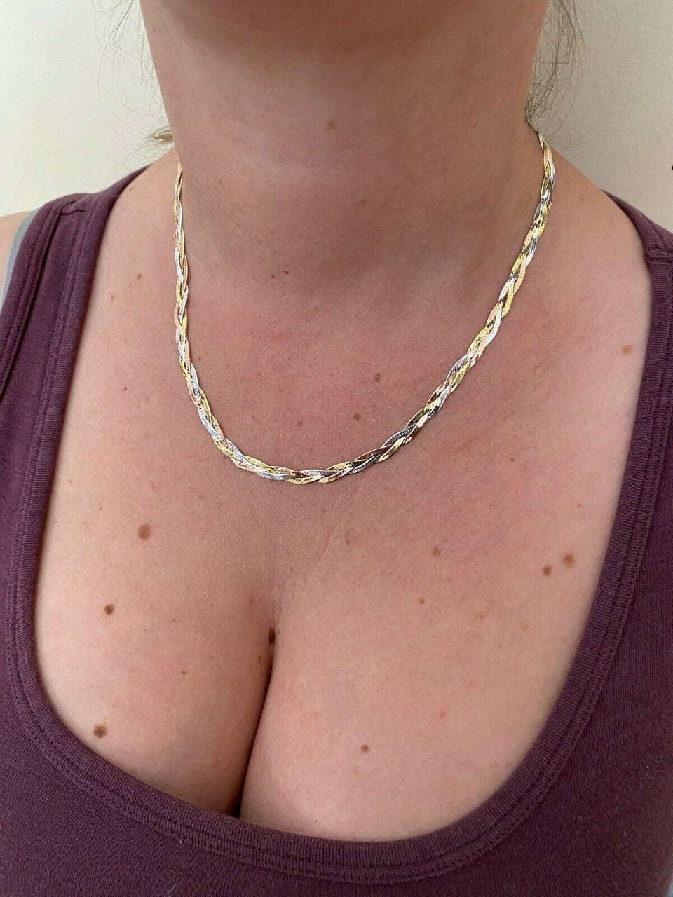 Handmade 925 Silver Tri Color Yellow Rose Gold Twisted and Braided Herringbone Chain Necklace