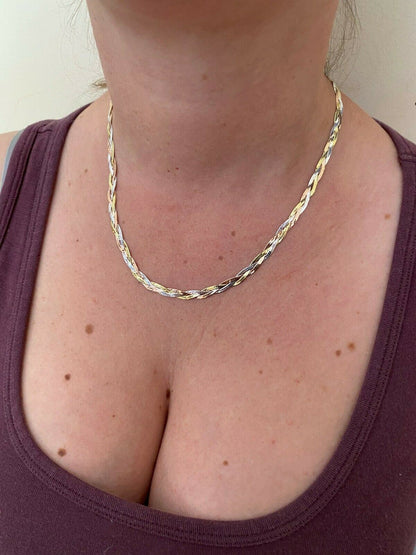 Handmade 925 Silver Tri Color Yellow Rose Gold Twisted and Braided Herringbone Chain Necklace