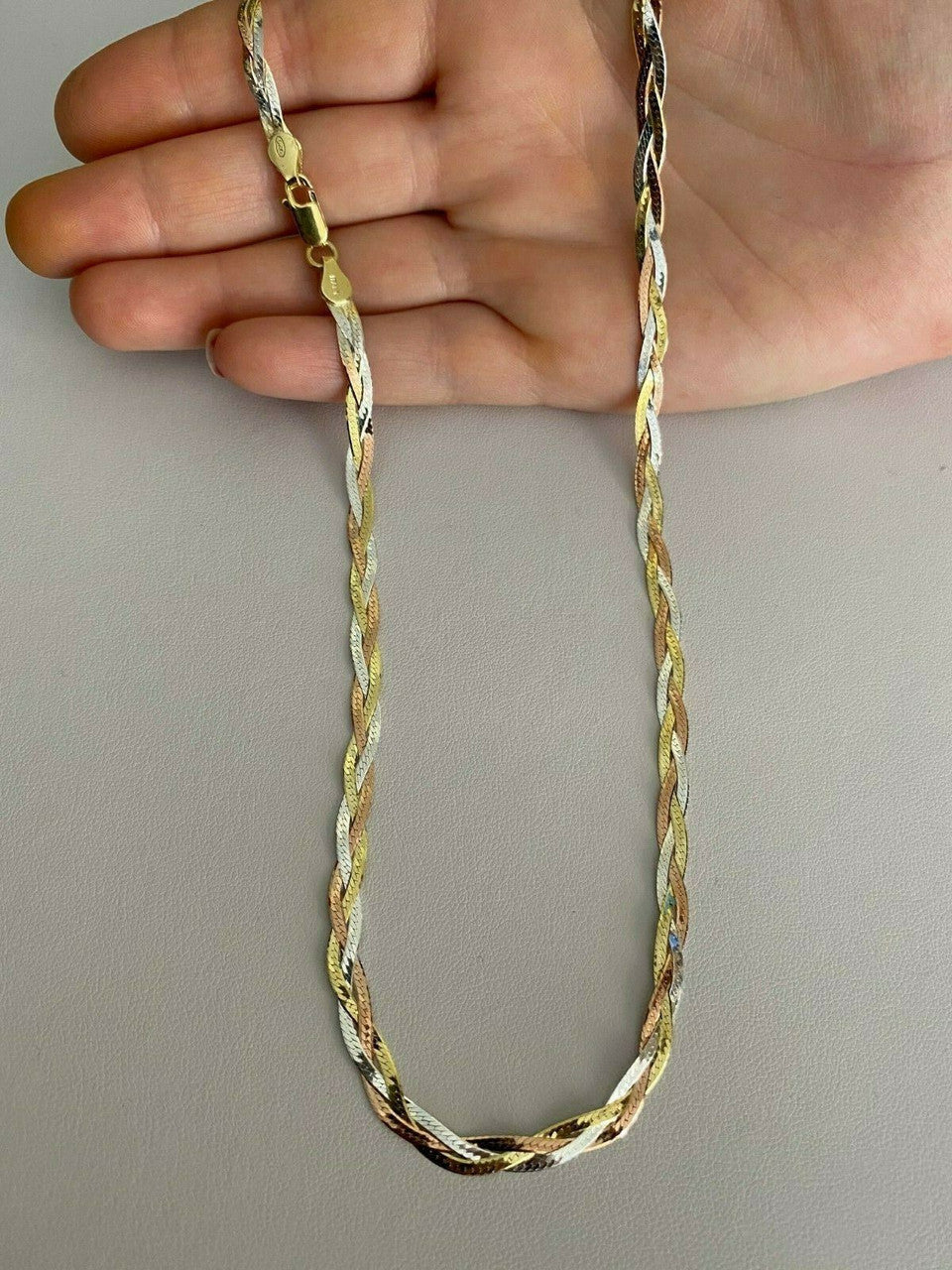 Handmade 925 Silver Tri Color Yellow Rose Gold Twisted and Braided Herringbone Chain Necklace