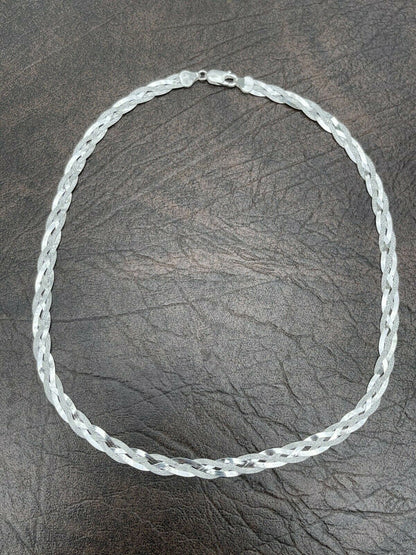 Handmade Ladies Solid 925 Sterling Silver Braided Herringbone Chain Necklace Diamond Cut