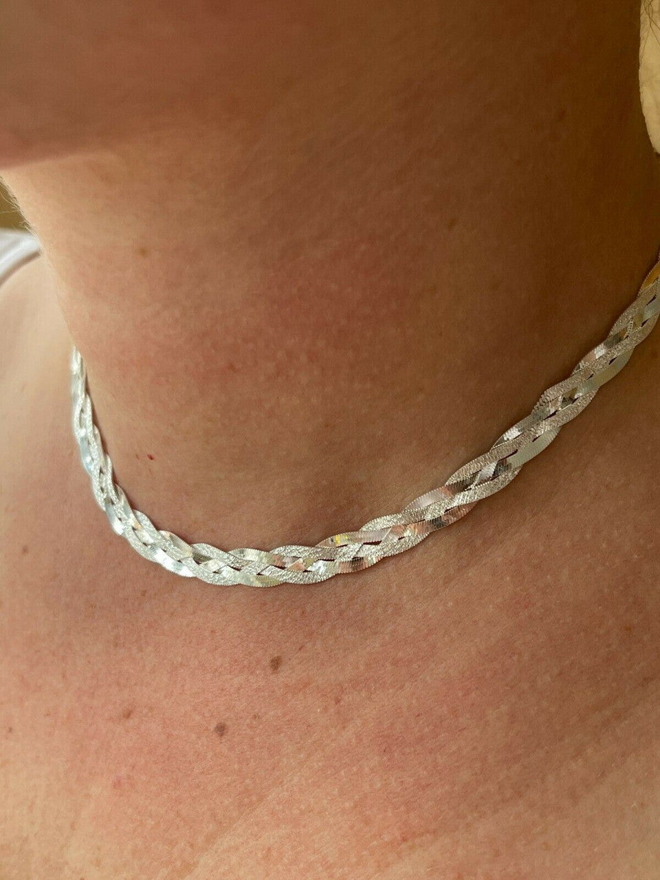 Handmade Ladies Solid 925 Sterling Silver Braided Herringbone Chain Necklace Diamond Cut