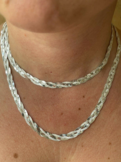 Handmade Ladies Solid 925 Sterling Silver Braided Herringbone Chain Necklace Diamond Cut