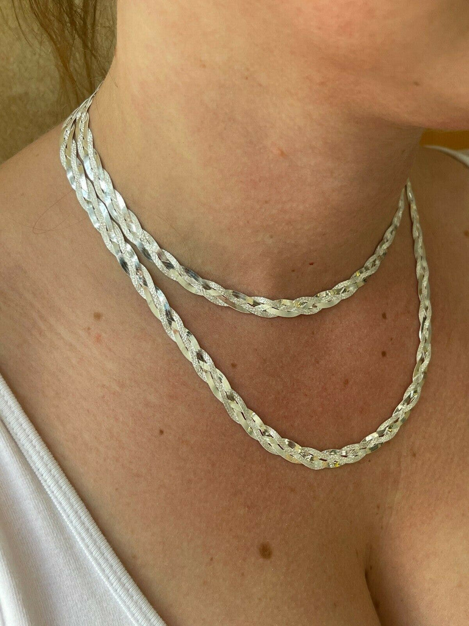 Handmade Ladies Solid 925 Sterling Silver Braided Herringbone Chain Necklace Diamond Cut