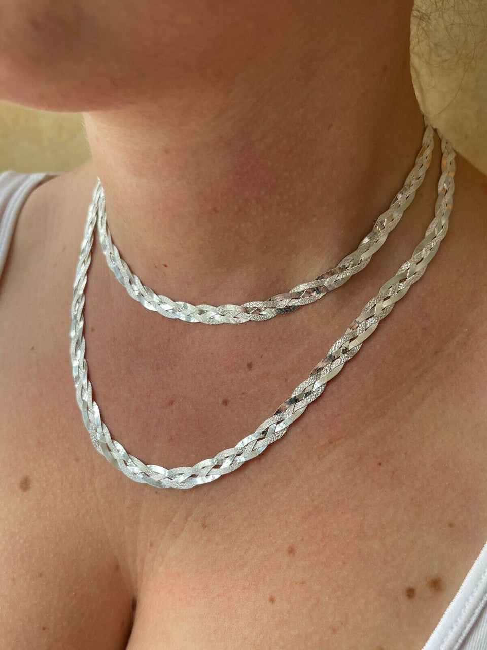 Handmade Ladies Solid 925 Sterling Silver Braided Herringbone Chain Necklace Diamond Cut
