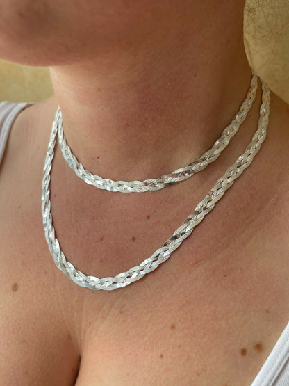 Handmade Ladies Solid 925 Sterling Silver Braided Herringbone Chain Necklace Diamond Cut