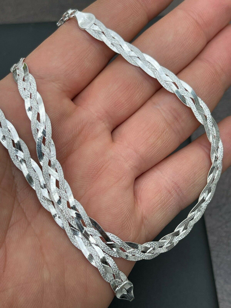 Handmade Ladies Solid 925 Sterling Silver Braided Herringbone Chain Necklace Diamond Cut