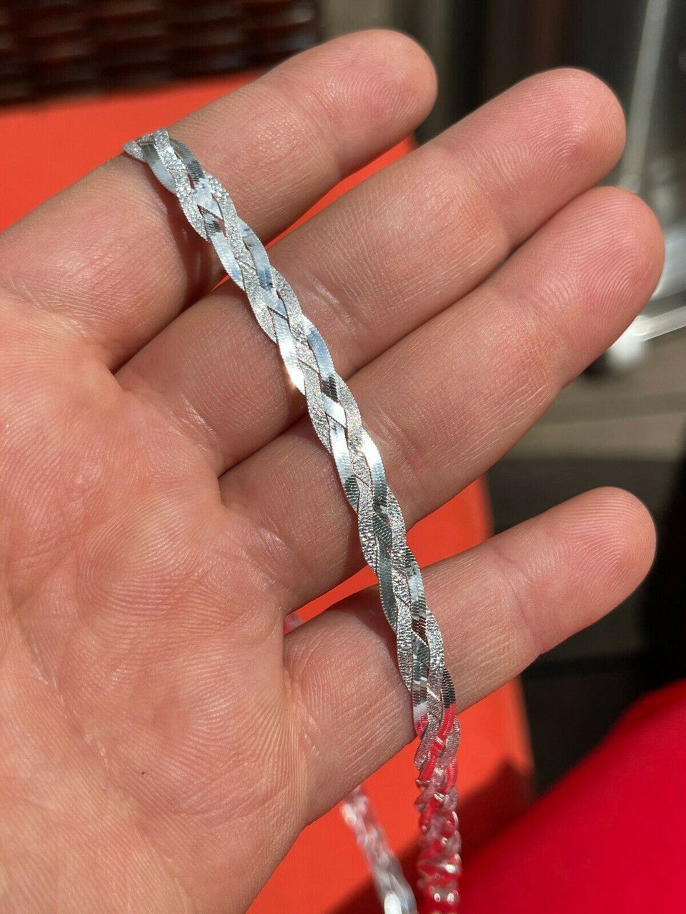 Handmade Ladies Solid 925 Sterling Silver Braided Herringbone Chain Necklace Diamond Cut