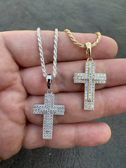 HarlemBling 0.87ct Real Diamond Iced Cross Pendant Solid 14k Gold Necklace Pendant