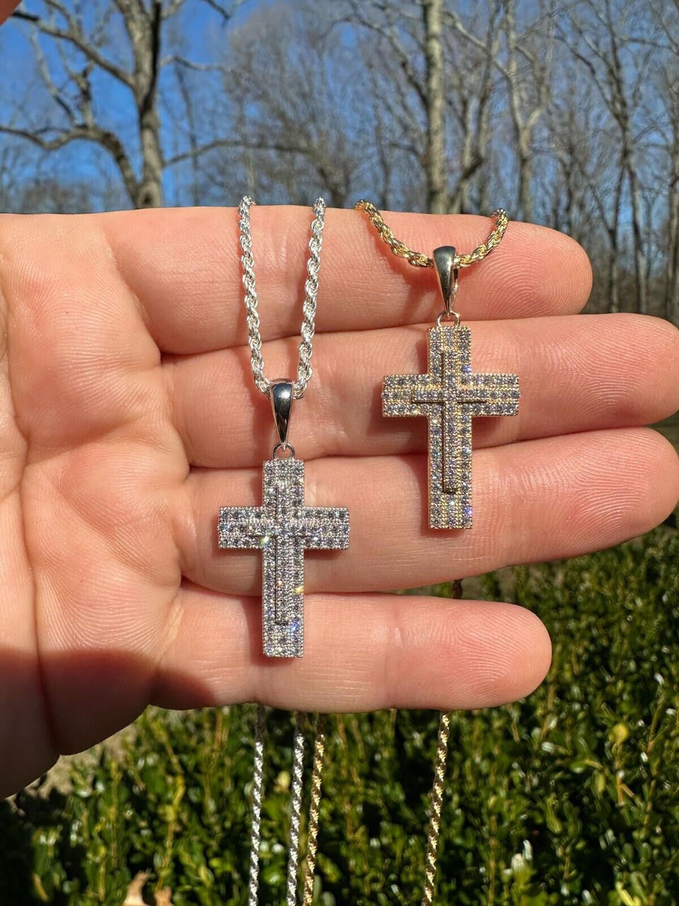 HarlemBling 0.89ct VVS Real Diamond Iced Cross Pendant Natural 925 Silver Necklace Pendant