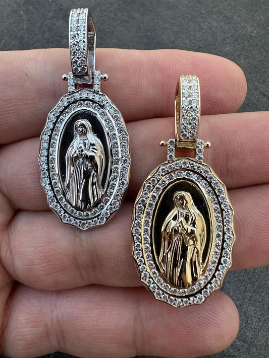 HarlemBling 1.4ct Real Diamond Virgin Mary Pendant Solid 14k Gold Necklace Medallion Pendant