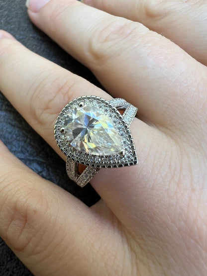 HarlemBling 1.6-3ct Real Moissanite Halo Pear Tear Drop Engagement Promise Ring 925 Silver