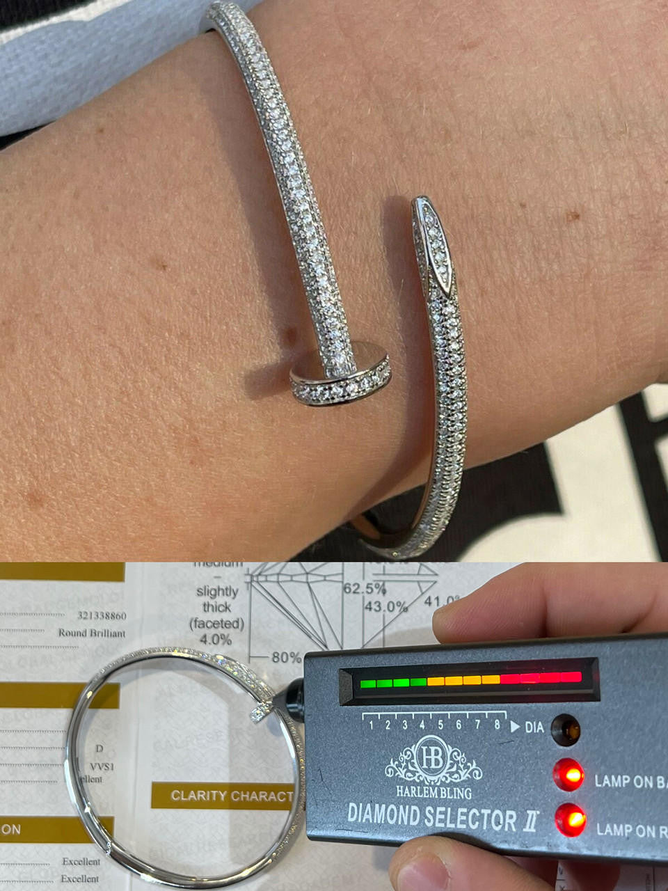 HarlemBling 1.9ct Moissanite Real 925 Silver Iced Diamond Nail Bangle Bracelet 6-7.5" Passes Diamond Tester