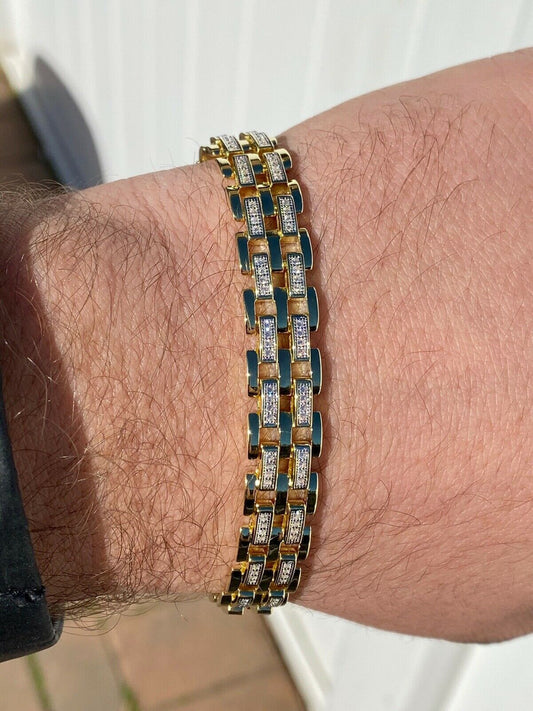 HarlemBling 10k Gold Over Real Solid 925 Silver Iced Mens Presidential Link Bracelet 12mm