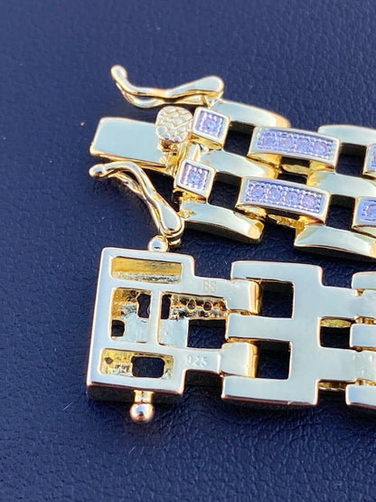 HarlemBling 10k Gold Over Real Solid 925 Silver Iced Mens Presidential Link Bracelet 12mm