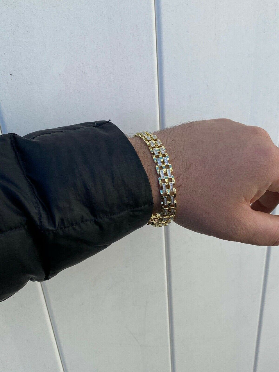 HarlemBling 10k Gold Over Real Solid 925 Silver Iced Mens Presidential Link Bracelet 12mm