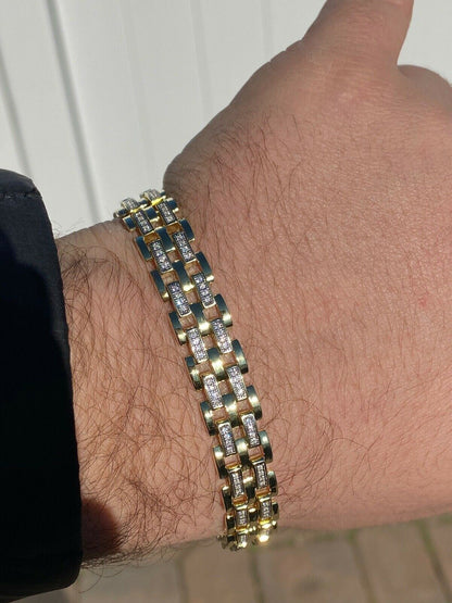 HarlemBling 10k Gold Over Real Solid 925 Silver Iced Mens Presidential Link Bracelet 12mm