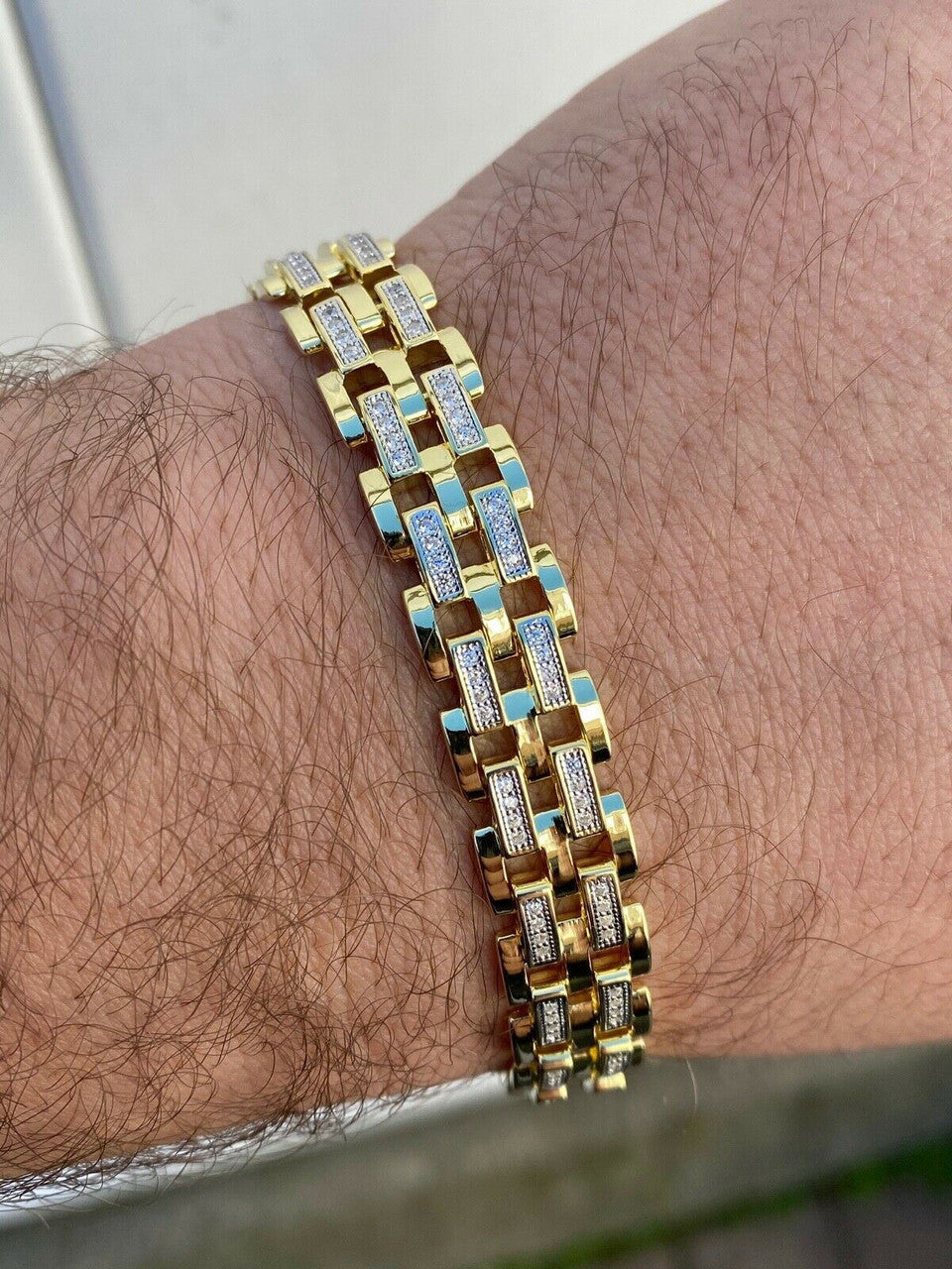 HarlemBling 10k Gold Over Real Solid 925 Silver Iced Mens Presidential Link Bracelet 12mm