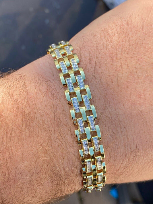 HarlemBling 10k Gold Over Real Solid 925 Silver Iced Mens Presidential Link Bracelet 12mm