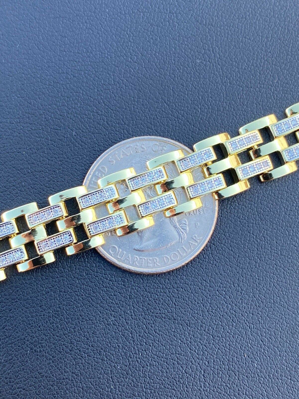 HarlemBling 10k Gold Over Real Solid 925 Silver Iced Mens Presidential Link Bracelet 12mm