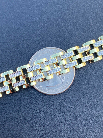 HarlemBling 10k Gold Over Real Solid 925 Silver Iced Mens Presidential Link Bracelet 12mm