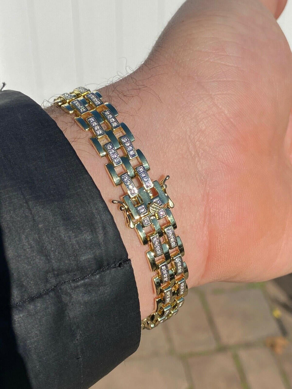 HarlemBling 10k Gold Over Real Solid 925 Silver Iced Mens Presidential Link Bracelet 12mm