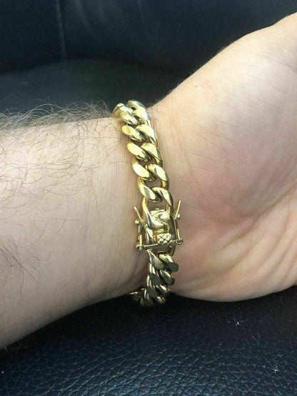 HarlemBling 10mm Mens Miami Cuban Link Bracelet and Chain Set 14k Gold Plated Stainless Steel
