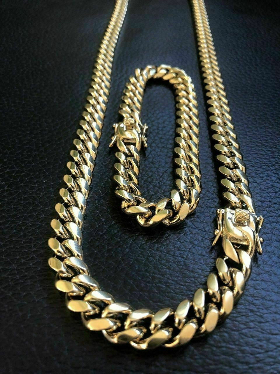 HarlemBling 10mm Mens Miami Cuban Link Bracelet and Chain Set 14k Gold Plated Stainless Steel