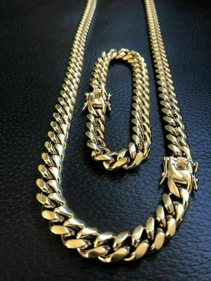 HarlemBling 10mm Mens Miami Cuban Link Bracelet and Chain Set 14k Gold Plated Stainless Steel