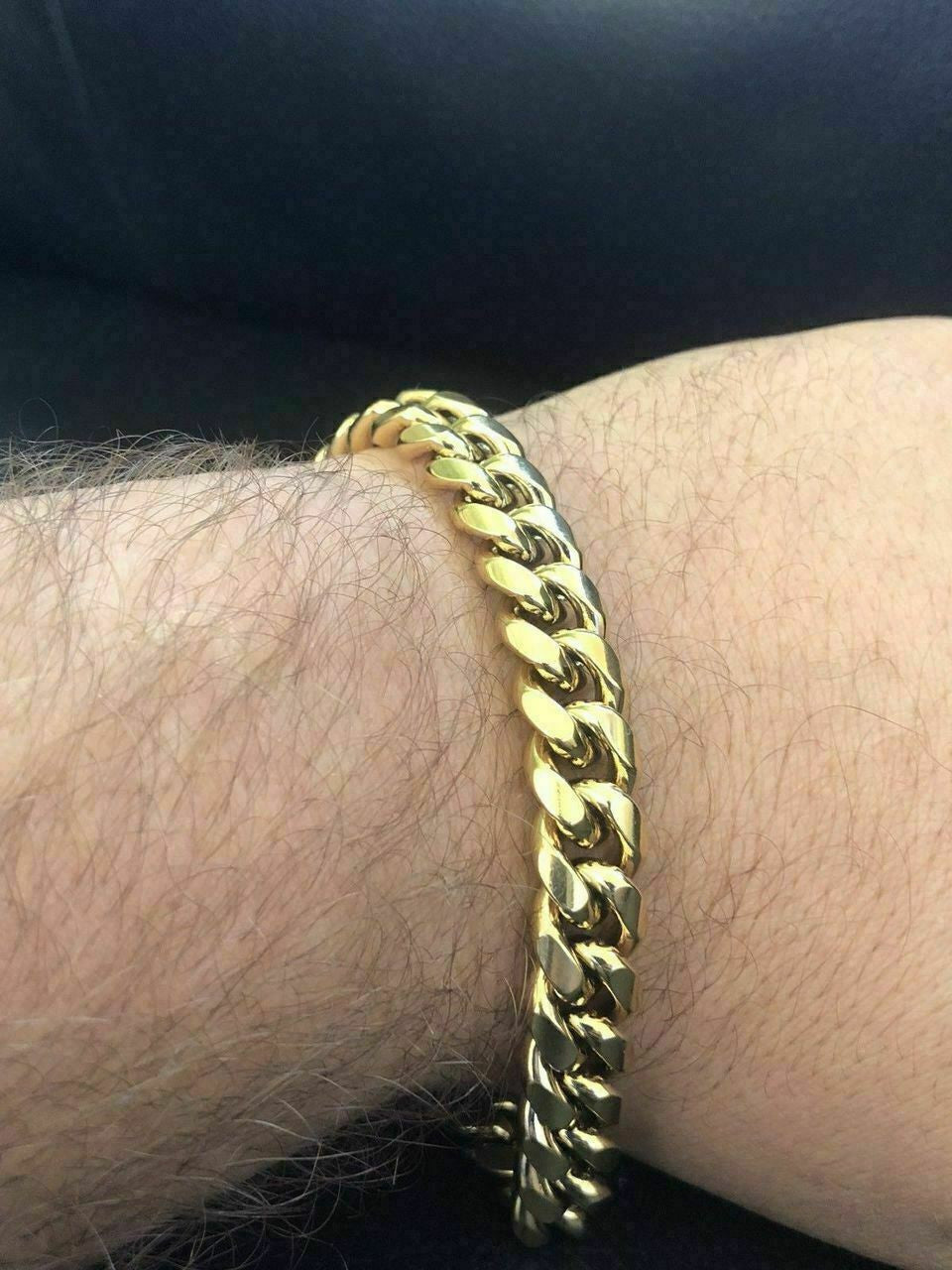 HarlemBling 10mm Mens Miami Cuban Link Bracelet and Chain Set 14k Gold Plated Stainless Steel