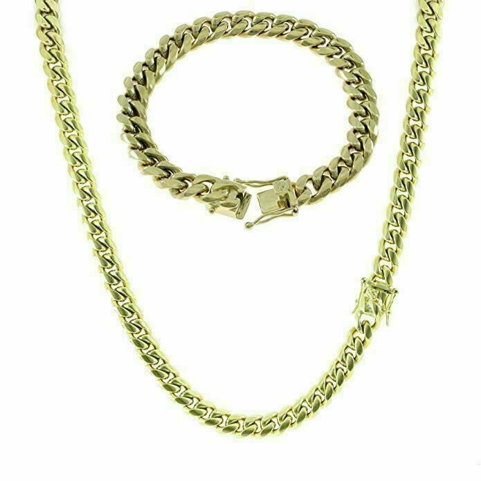 HarlemBling 10mm Mens Miami Cuban Link Bracelet and Chain Set 14k Gold Plated Stainless Steel