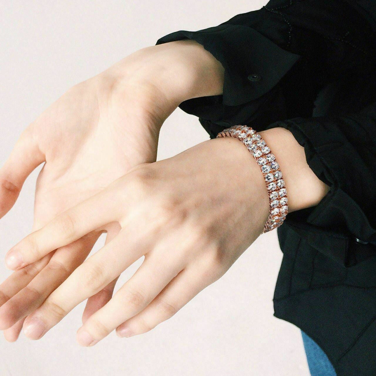 HarlemBling 10mm Thick Two Row Tennis Bracelet Rose Gold Solid 925 Silver 6-9 5mm Diamonds