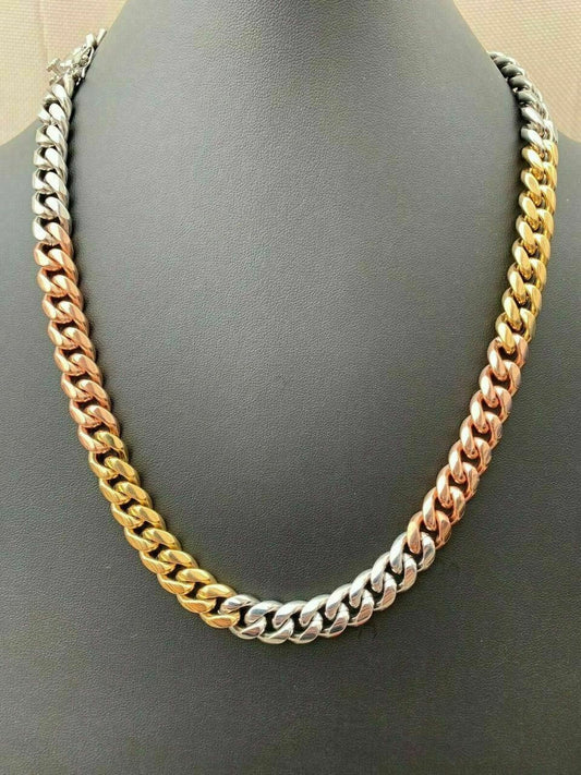 HarlemBling 12mm Mens Miami Cuban Link Chain 3 Tri Color Real Gold Over Stainless 18-30
