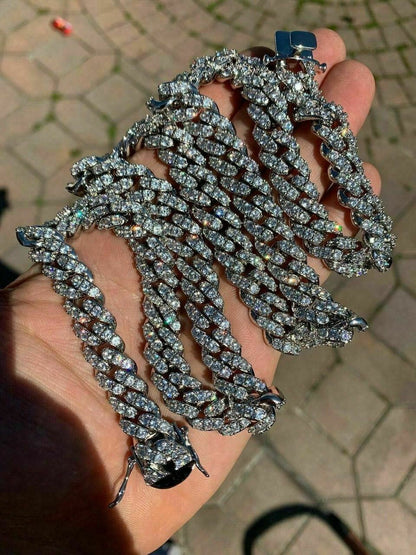 HarlemBling 12mm Real Miami Cuban Link Solid 925 Silver Iced Moissanite Passes Diamond Test