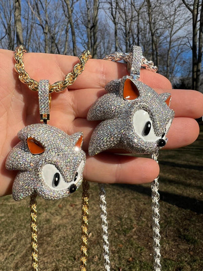 HarlemBling 13.5ct MOISSANITE 925 Silver / Gold Plated Iced Large Sonic The Hedgehog Necklace Pendant