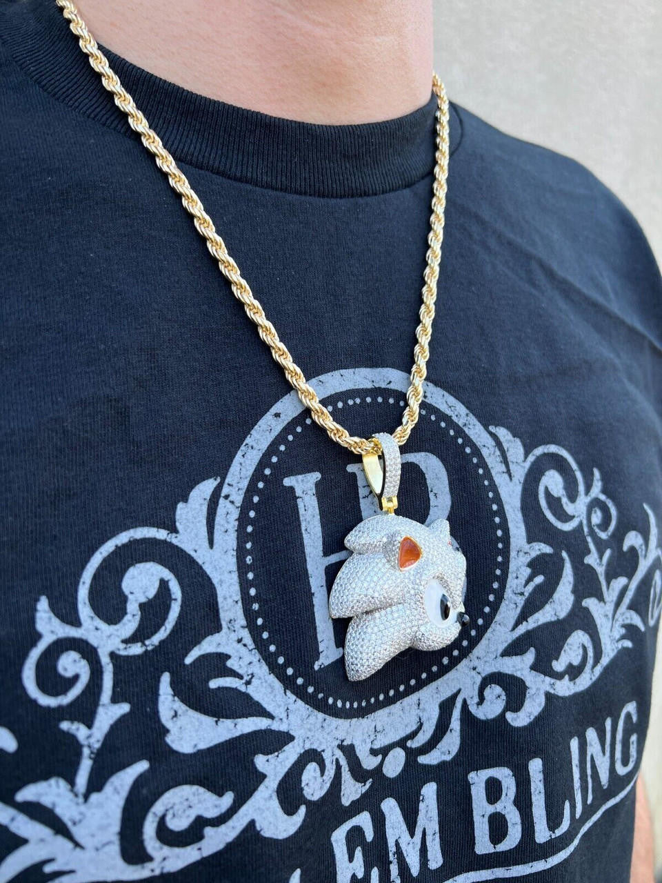 HarlemBling 13.5ct MOISSANITE 925 Silver / Gold Plated Iced Large Sonic The Hedgehog Necklace Pendant