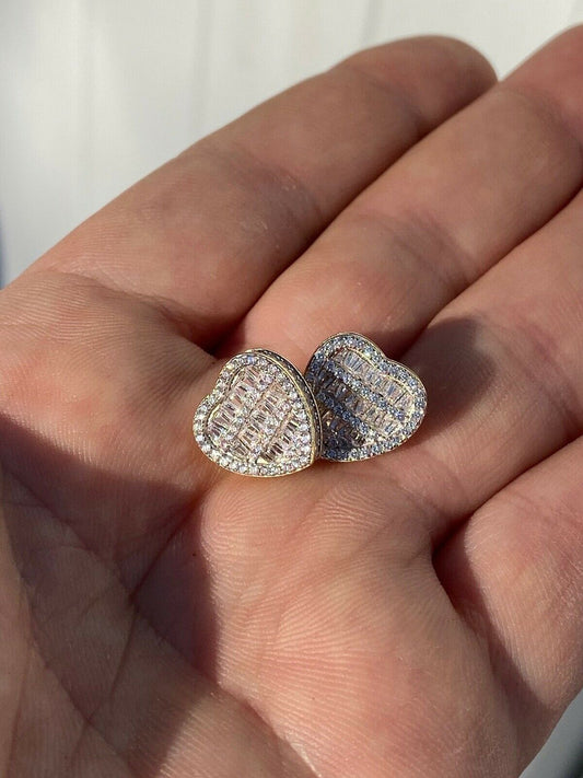 HarlemBling 14k Gold 925 Sterling Silver Iced Heart Earrings - Mens Ladies Baguette Diamonds