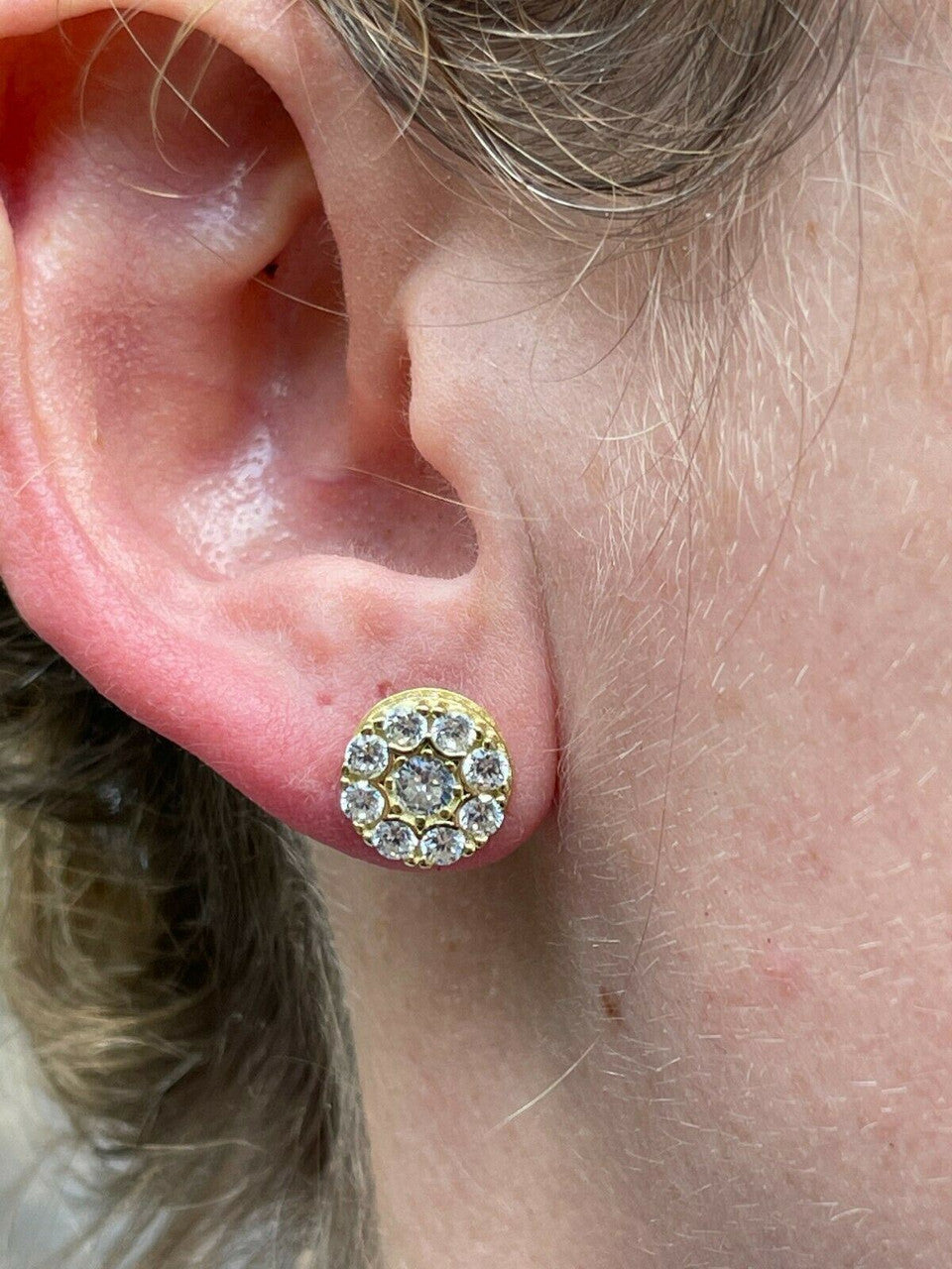 HarlemBling 14k Gold and 925 Silver Iced CZ Out Hip Hop Mens Earrings 1/3 Cluster Round Studs