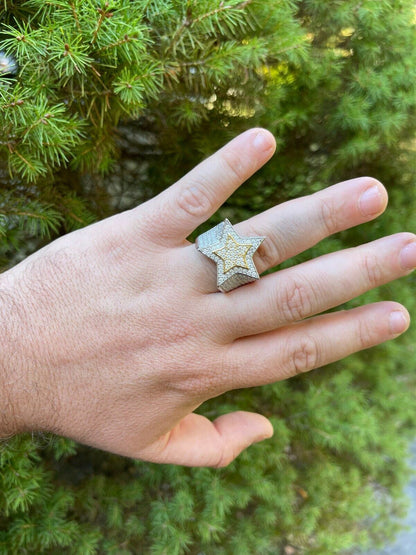 HarlemBling 14k Gold and 925 Silver Iced Hip Hop STAR Pinky RING MOISSANITE Pass Diamond Test