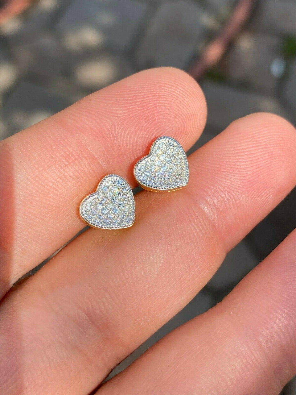 HarlemBling 14k Gold and Real 925 Silver Heart Shaped Earrings Studs Iced Ladies Girls Aretes