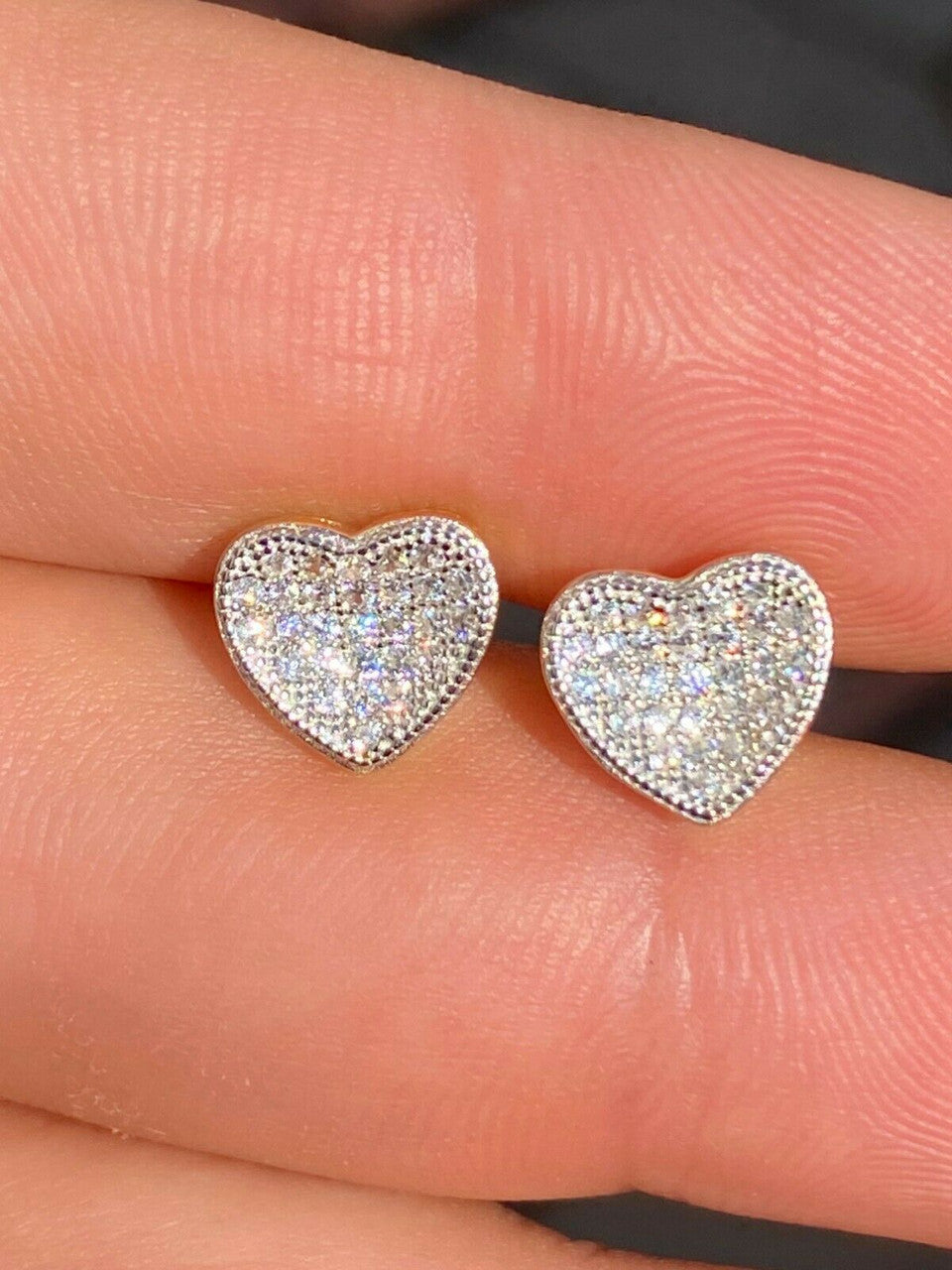HarlemBling 14k Gold and Real 925 Silver Heart Shaped Earrings Studs Iced Ladies Girls Aretes