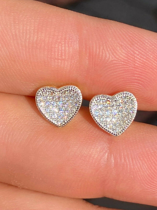 HarlemBling 14k Gold and Real 925 Silver Heart Shaped Earrings Studs Iced Ladies Girls Aretes
