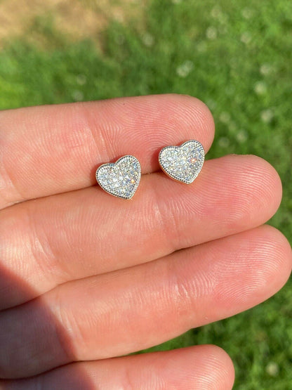 HarlemBling 14k Gold and Real 925 Silver Heart Shaped Earrings Studs Iced Ladies Girls Aretes